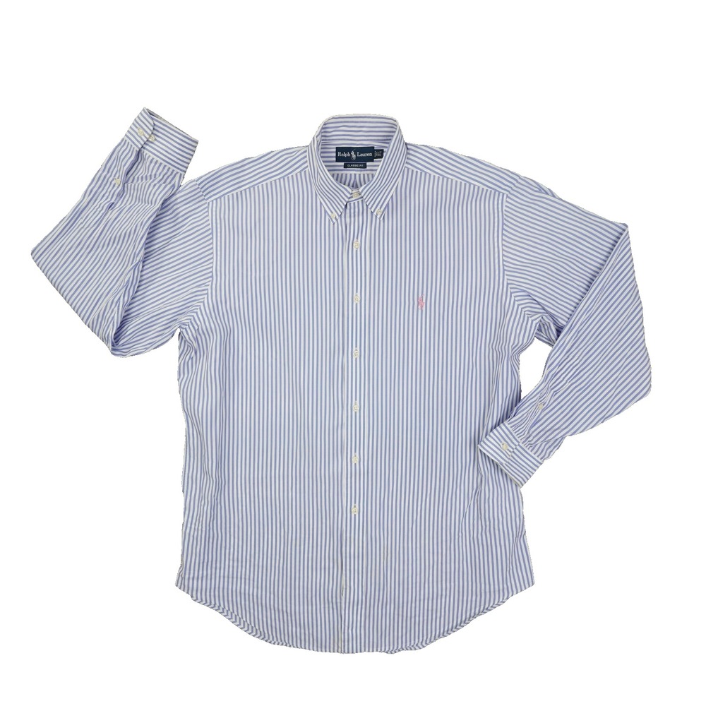 Ralph Lauren Classic Fit Blue Stripe Button Up Shirt Mens 16.5 34/35 Performance
